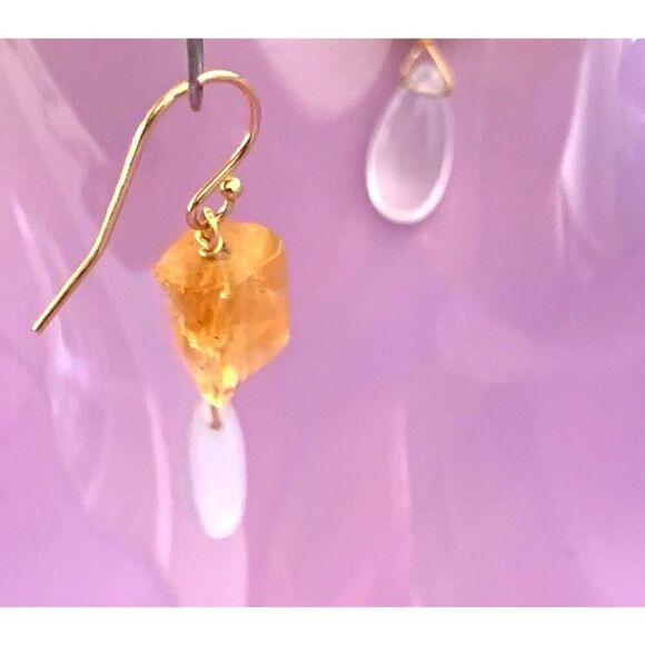 Vintage Citrine Yellow Cabochon Drop Earrings, teardrop Moonstone, Unmarked - Picture 3 of 3